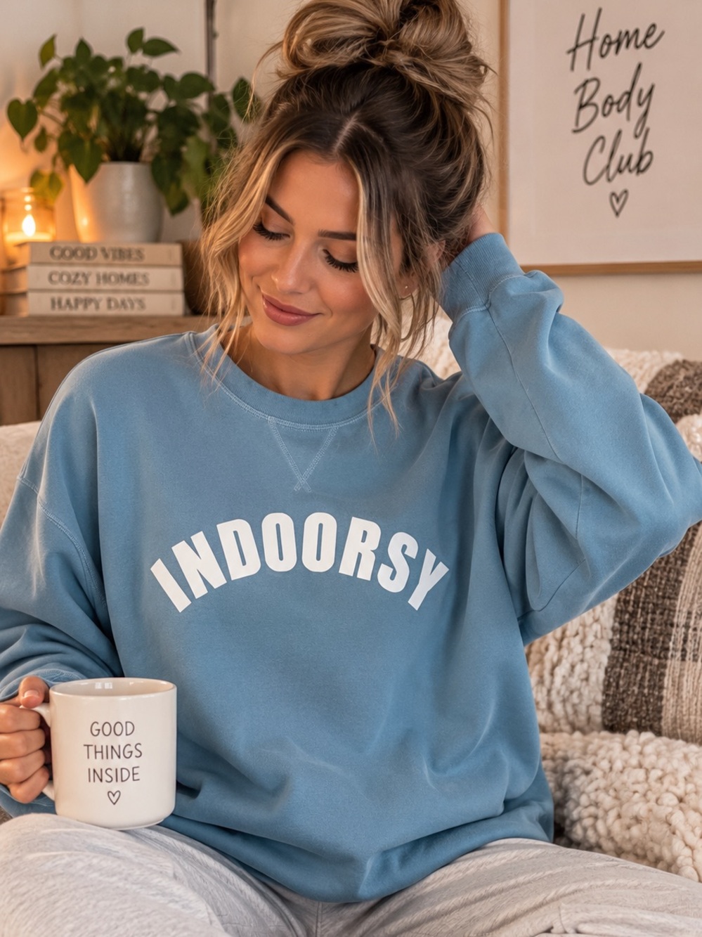 Vintage Inspired Blue Indoorsy Graphic Sweatshirt L/XL 85% Cotton Cozy